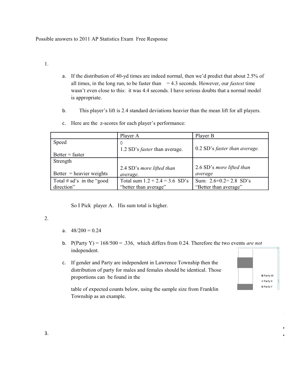 Possible Answers to 2011 AP Statistics Exam Free Response