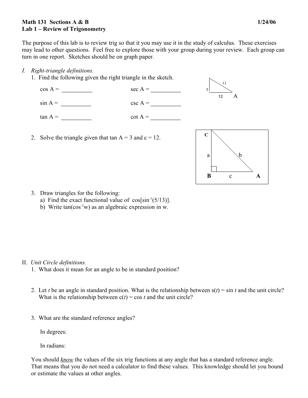 Lab 1 Review of Trigonometry