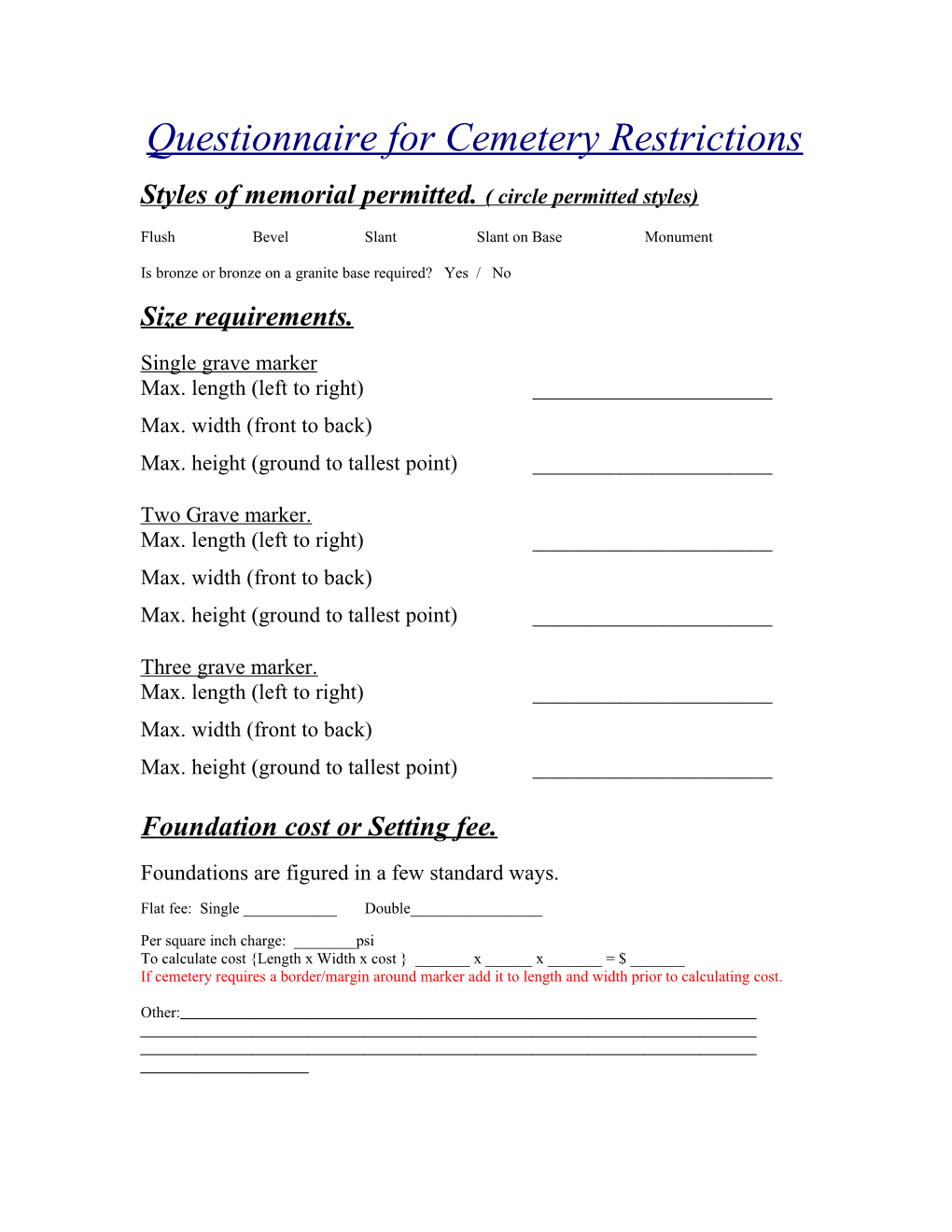 Questionnaire for Determining Marker Or Monument Restrictions