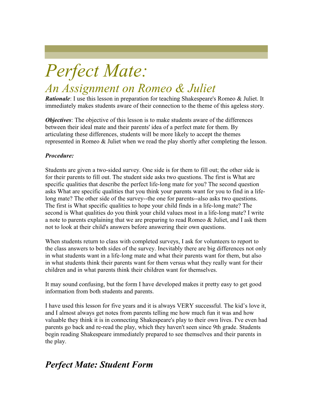 Perfect Mate:An Assignment on Romeo & Juliet