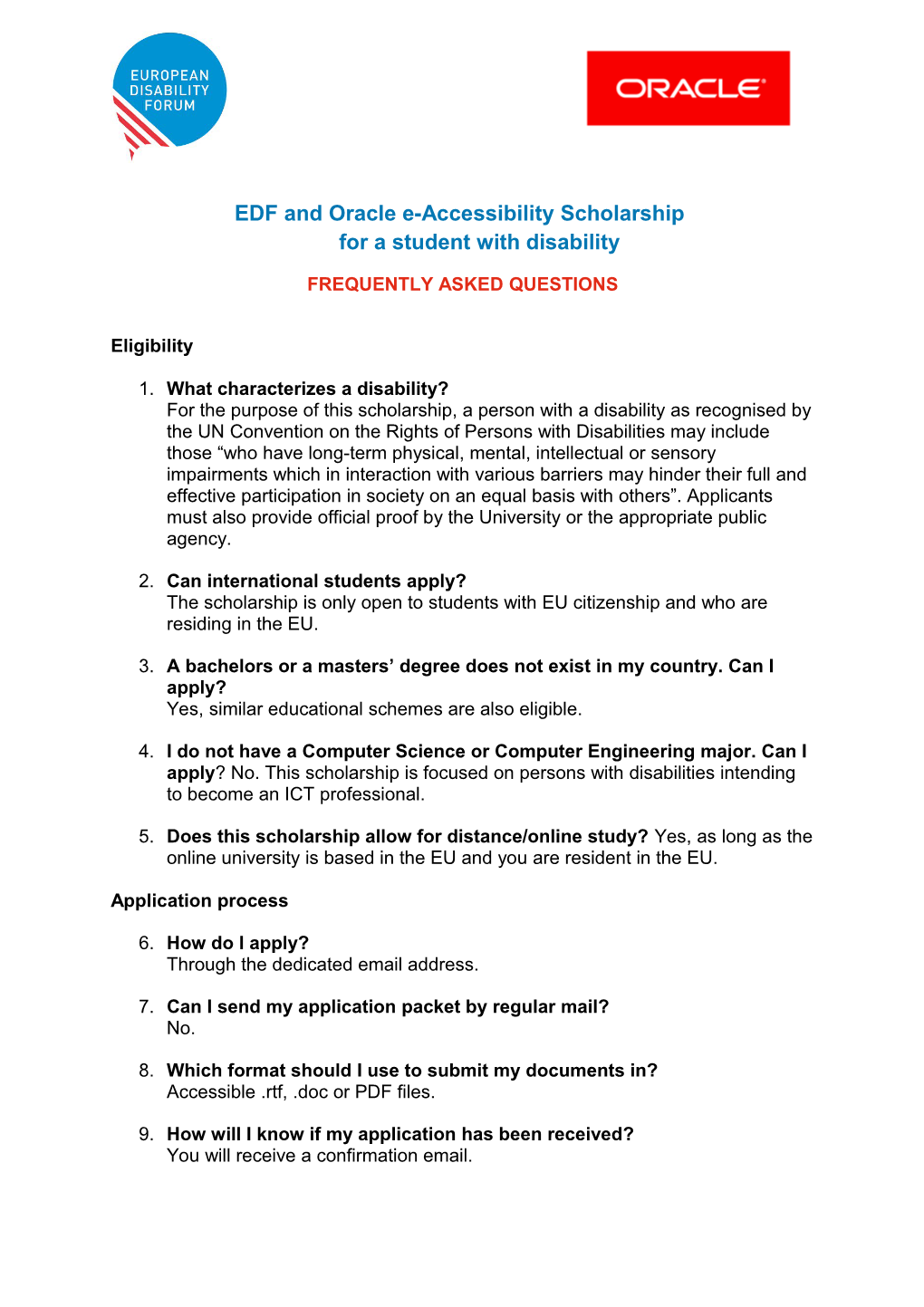 EDF and Oracle E-Accessibility Scholarship for a Student with Disability