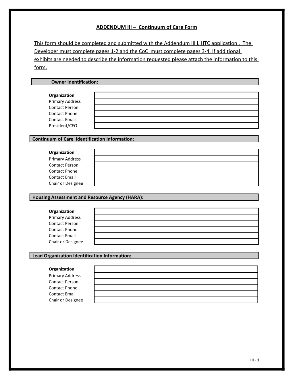 ADDENDUM III Continuum of Care Form