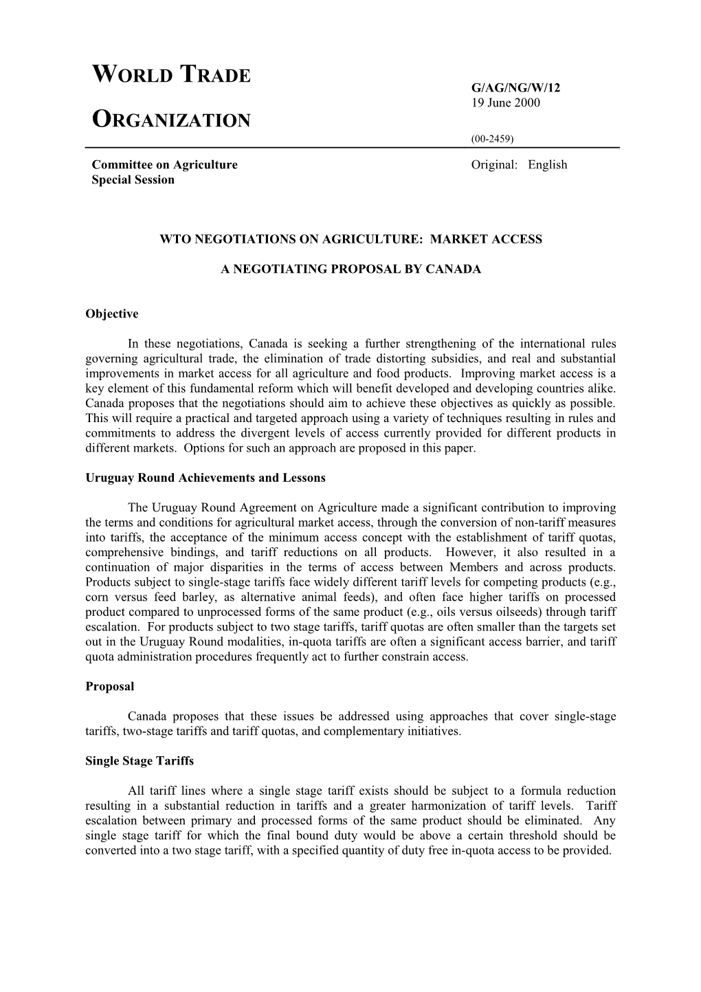 Wto Negotiations on Agriculture: Market Access