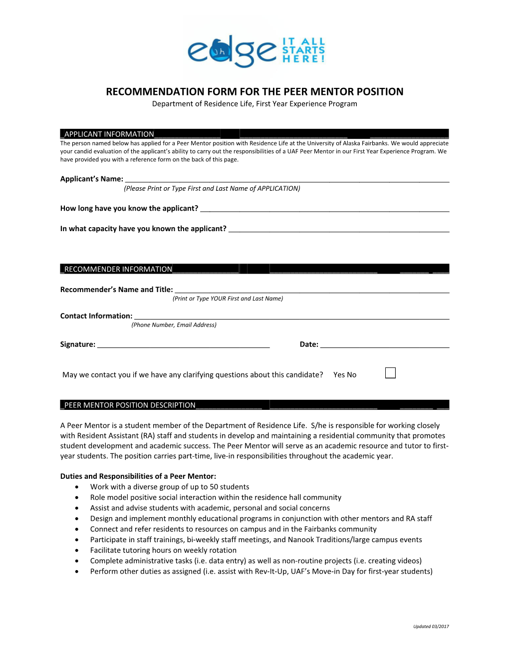 Recommendation Form for the Peer Mentor Position