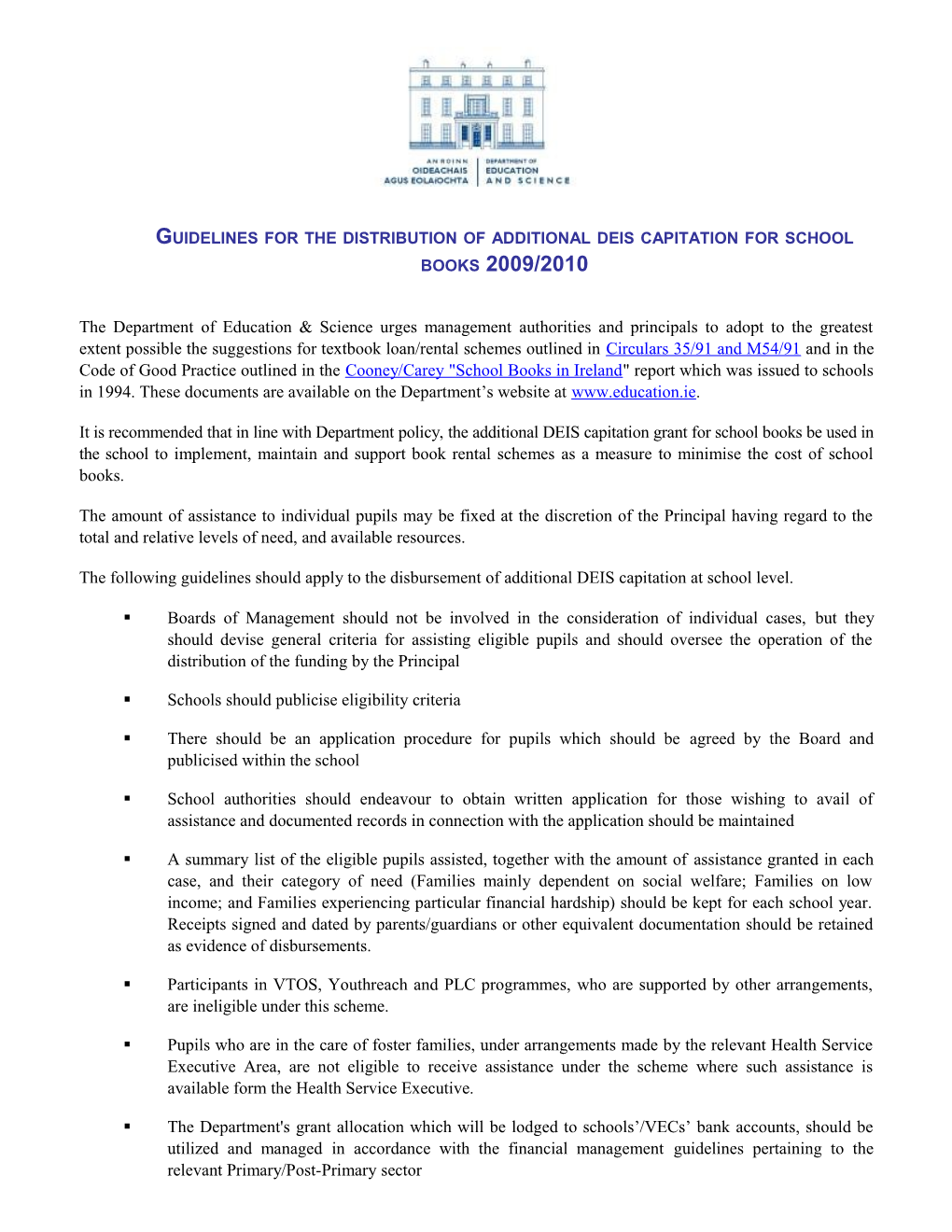 Guidelines for the Distribution of Additional Deis Capitation for School Books 2009/2010