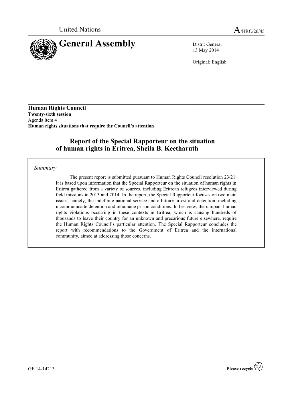 Report Of The Special Rapporteur On The Situation Of Human Rights In Eritrea In English