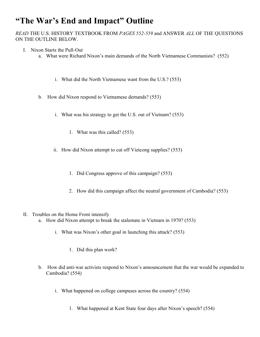 The War S End and Impact Outline