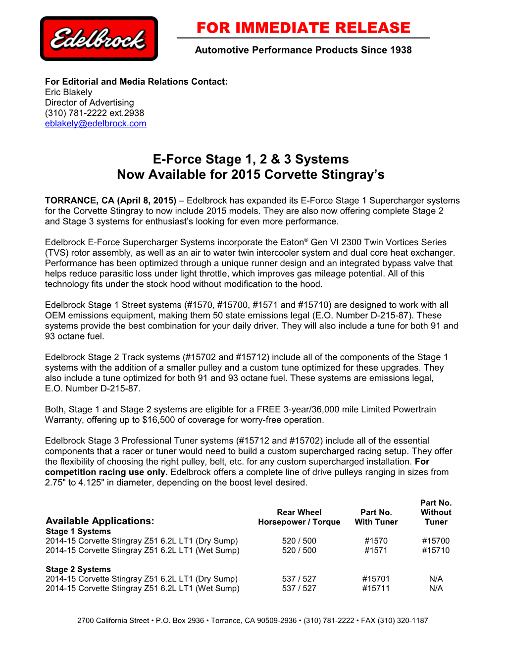 E-Force Stage 1, 2 & 3 Systems Now Available for 2015 Corvette Stingray S