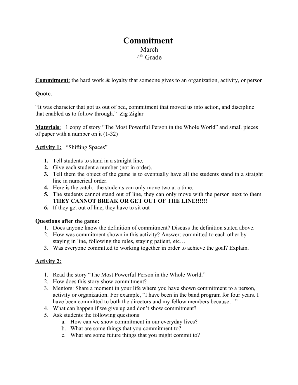 Commitment: Lesson Plan for Fourth Grade