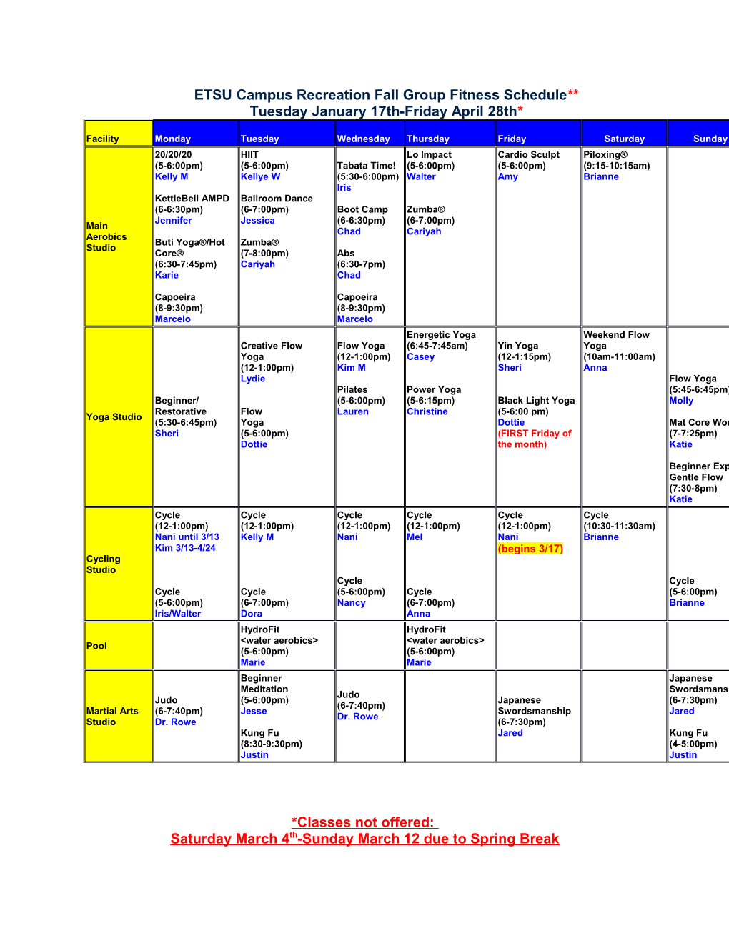 ETSU Campus Recreation Fall Group Fitness Schedule