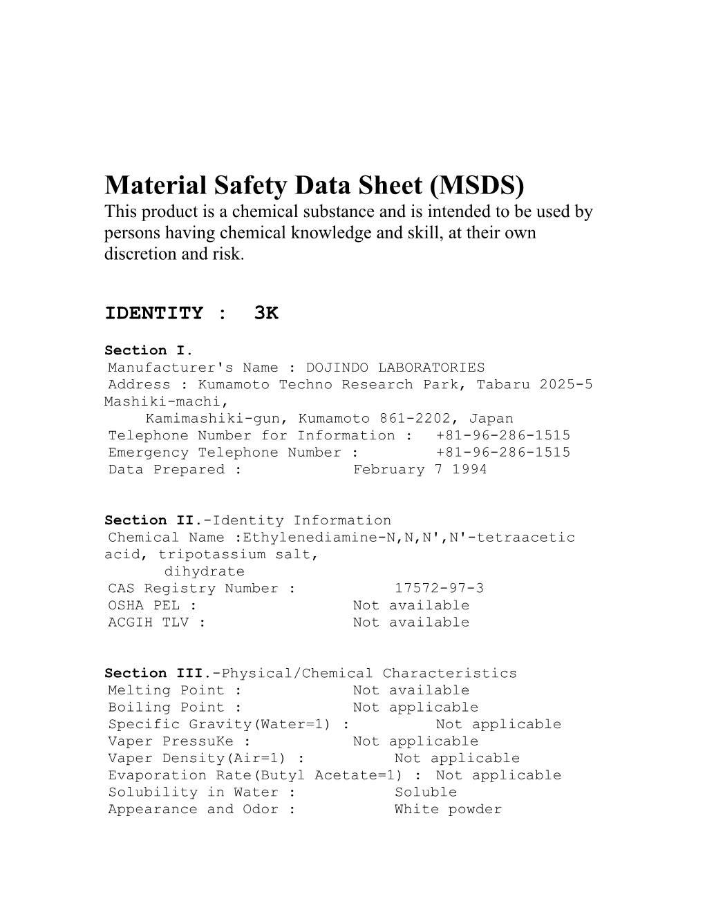 Material Safety Data Sheet (MSDS) s3