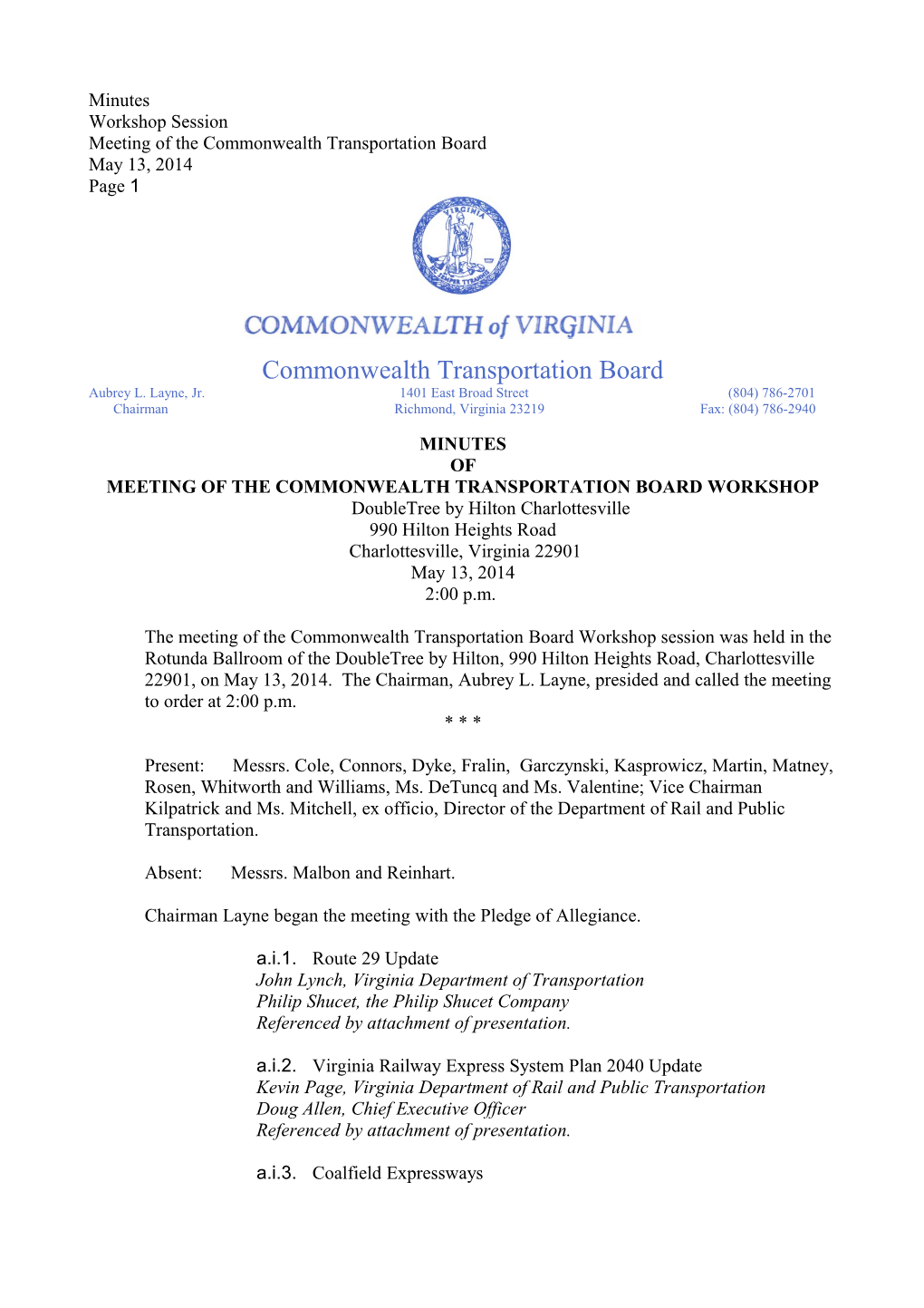 Meeting of the Commonwealth Transportation Board