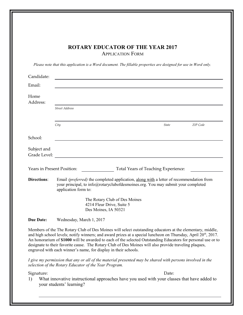 Rotary Educator of the Year 2017 Application Form