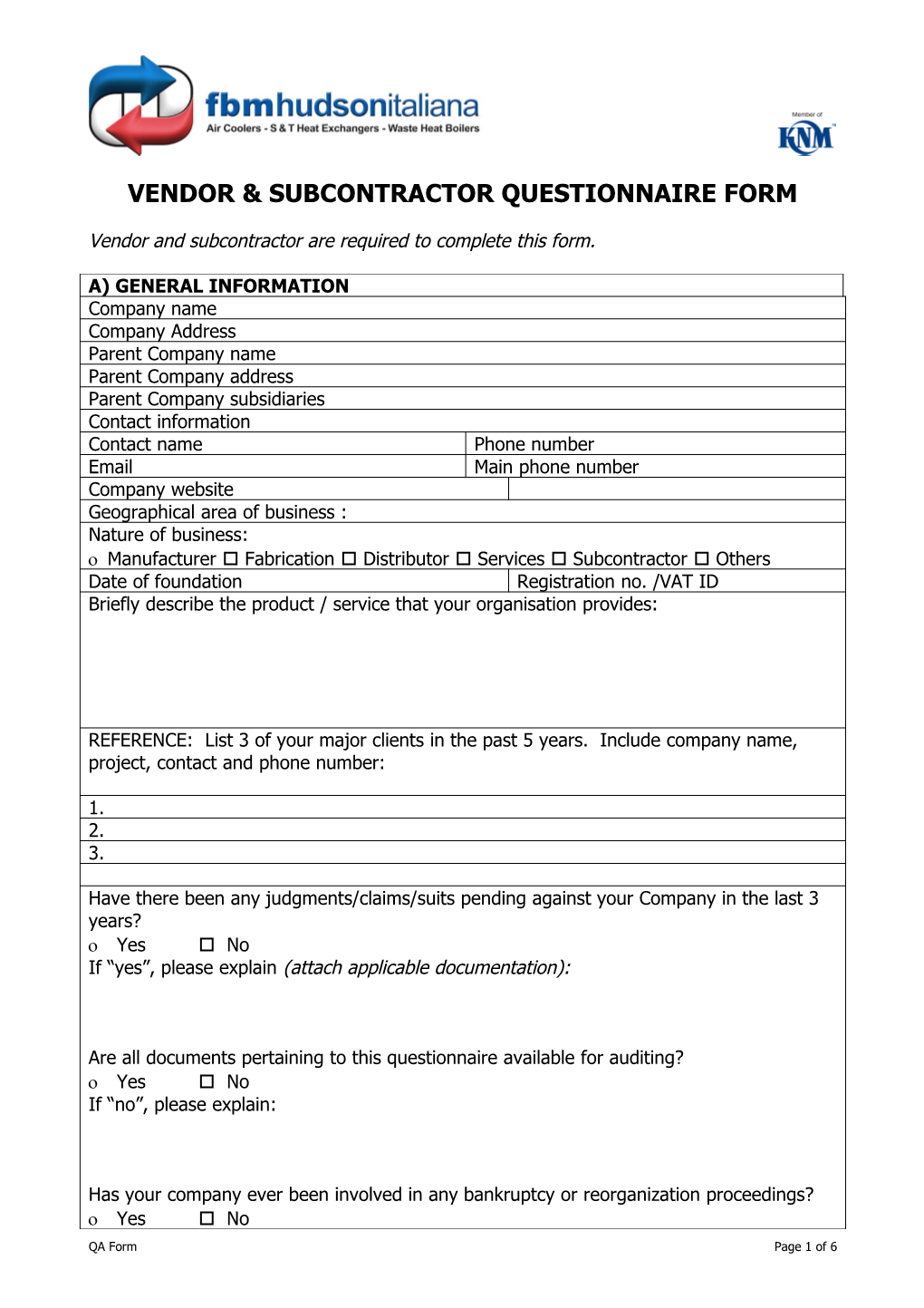 Vendor and Subcontractor Are Required to Complete This Form