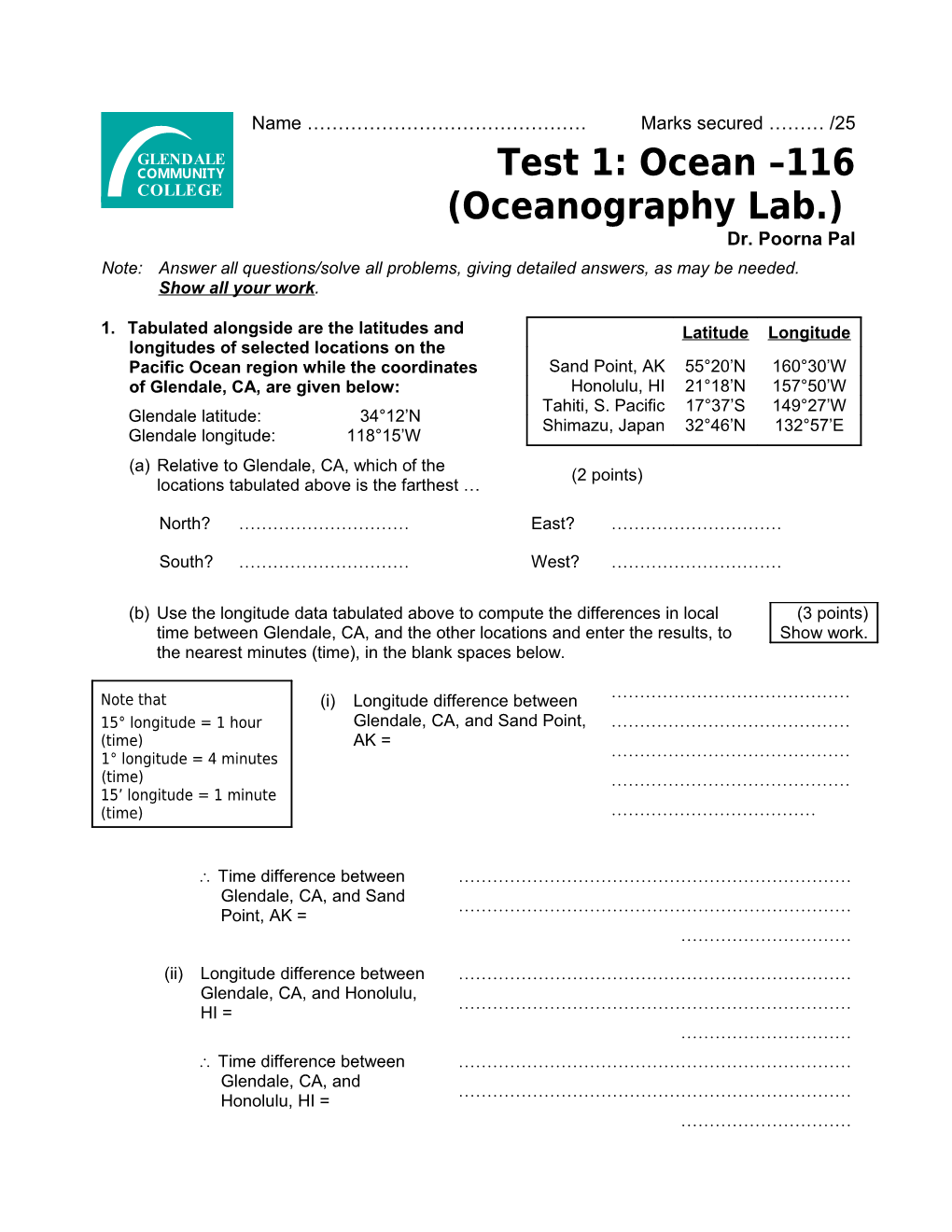 Test 1: Ocean 116 (Oceanography Lab.)