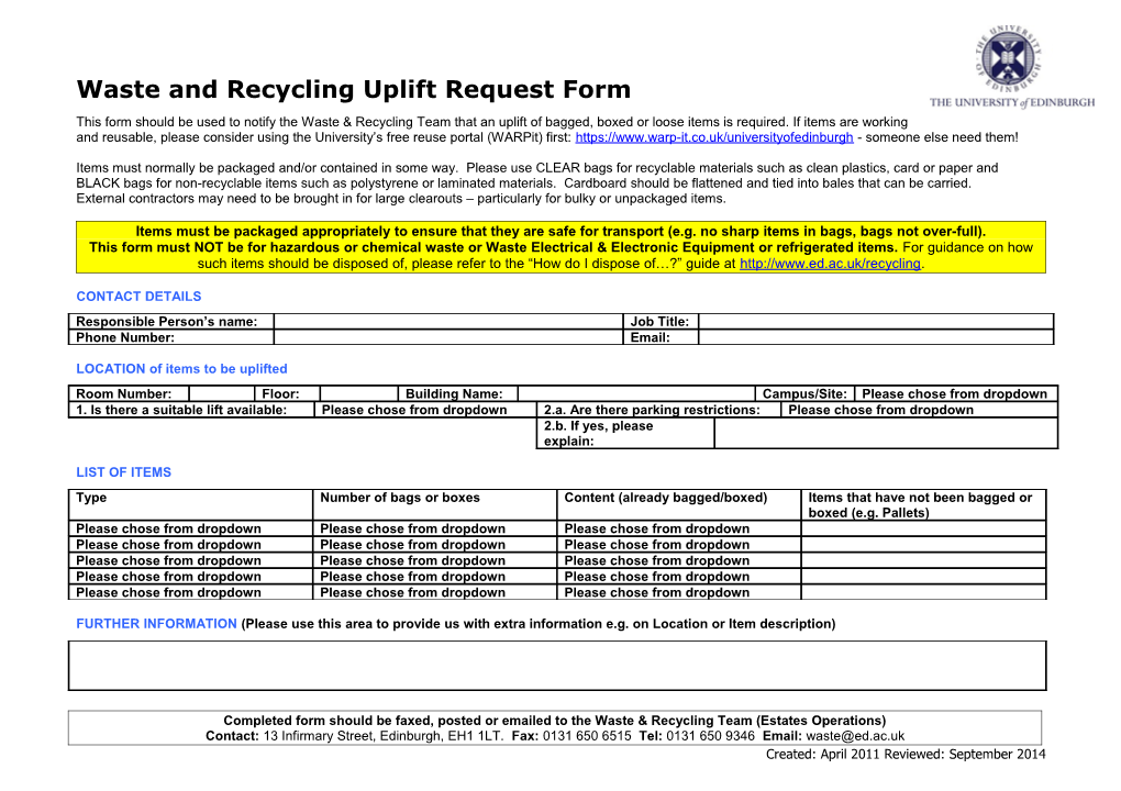 This Form Should Be Used to Arrange the Uplift of Bagged Or Boxed Items from a Clearout