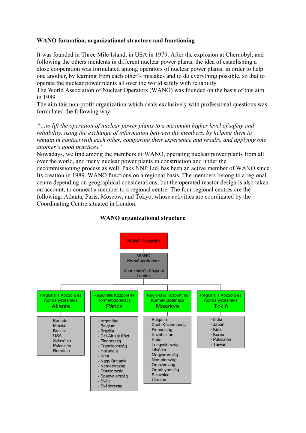 WANO Formation, Organizational Structure and Functioning