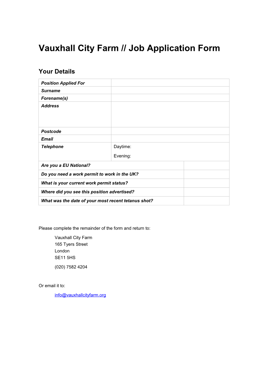 Vauxhall City Farm Job Application Form