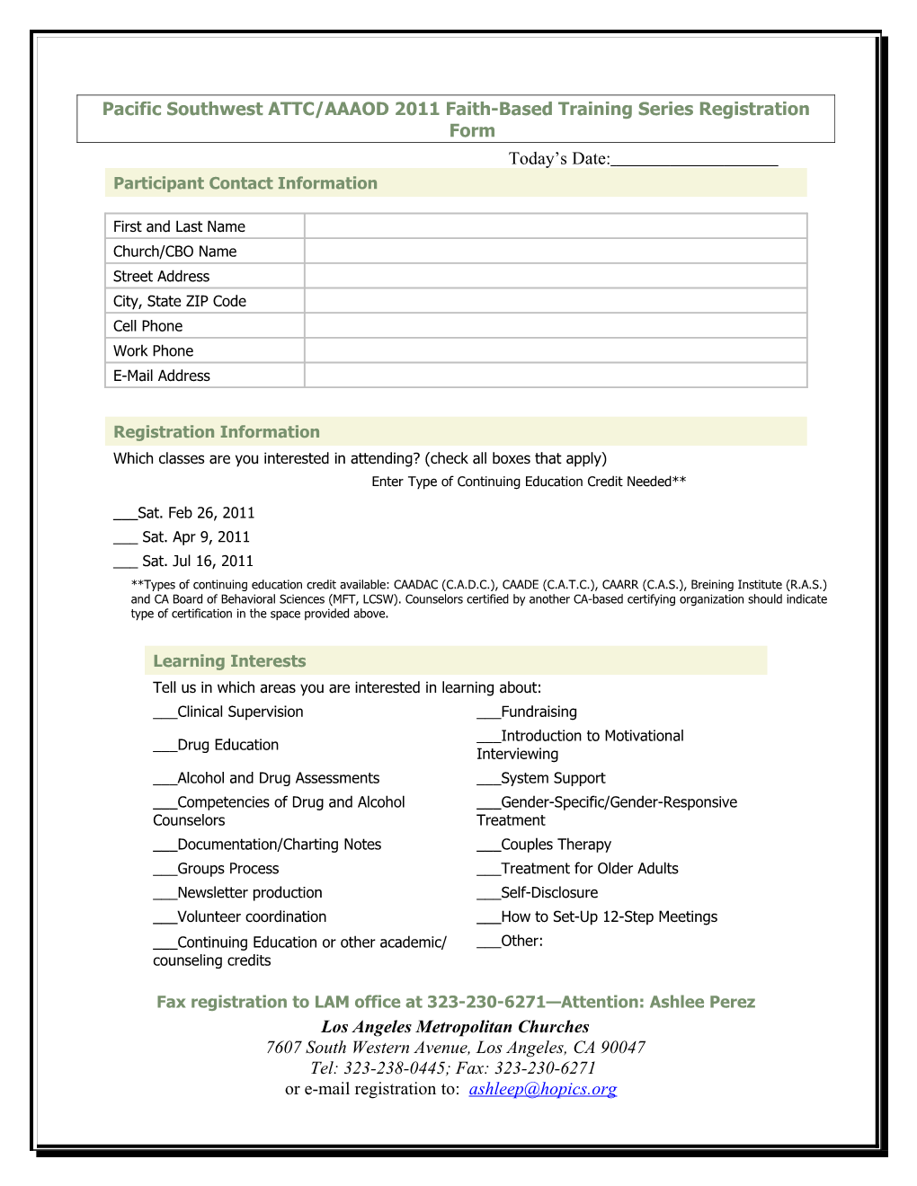 PSATTC/AAAOD Faith Based Training Registration 2009