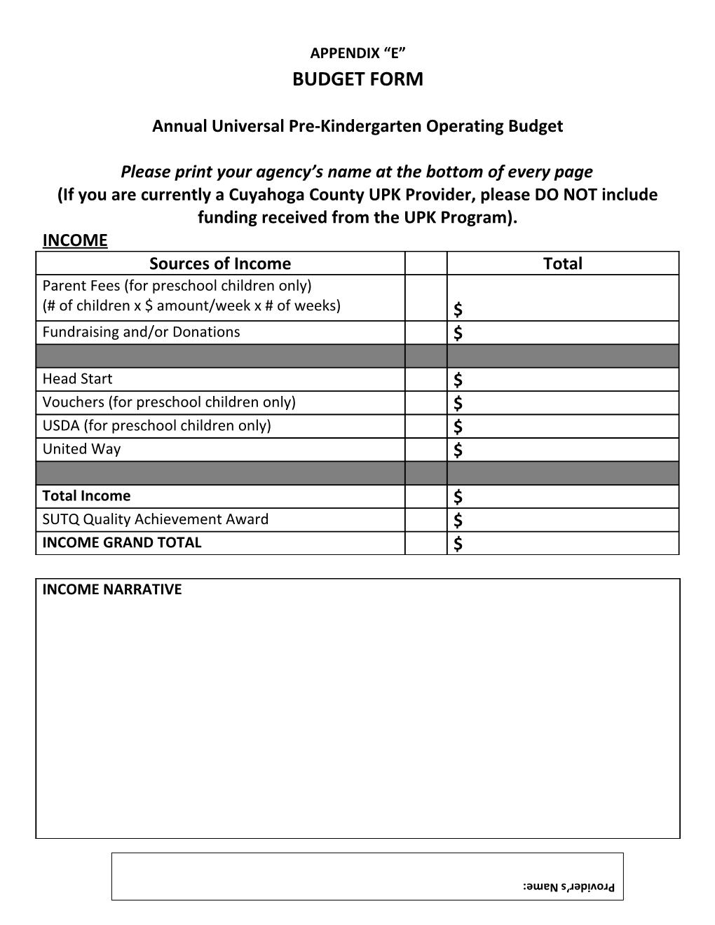 Annual Universal Pre-Kindergarten Operating Budget