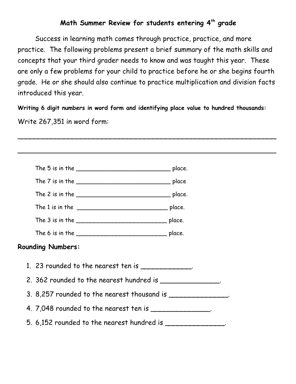 Math Summer Review for Students Entering 4Th Grade