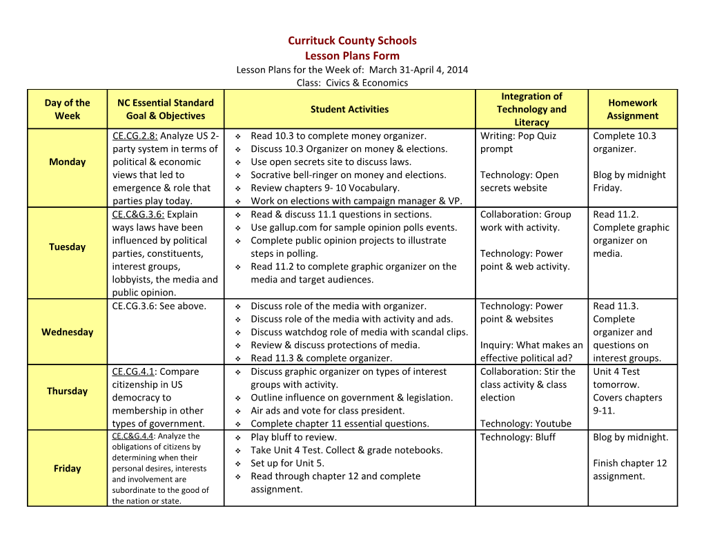 Lesson Plans for the Week Of: SELECTWEEK