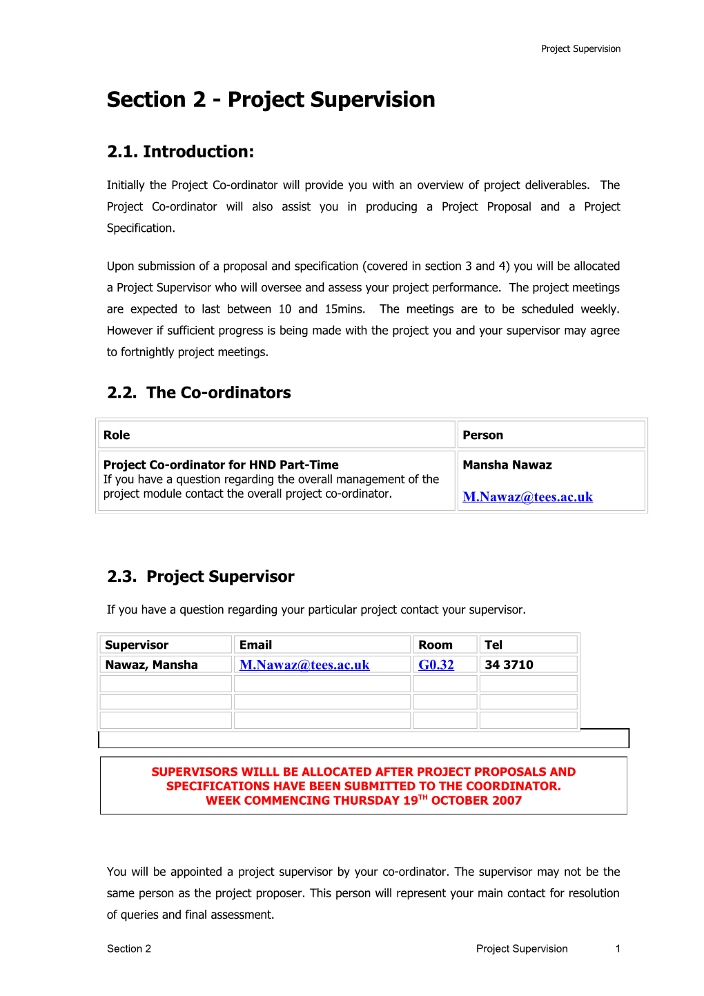 Section 2 - Project Supervision