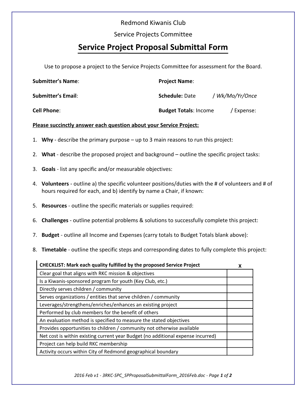 Service Project Proposal Form