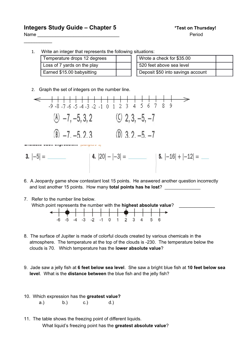 Integers Study Guide Chapter 5 *Test on Thursday!