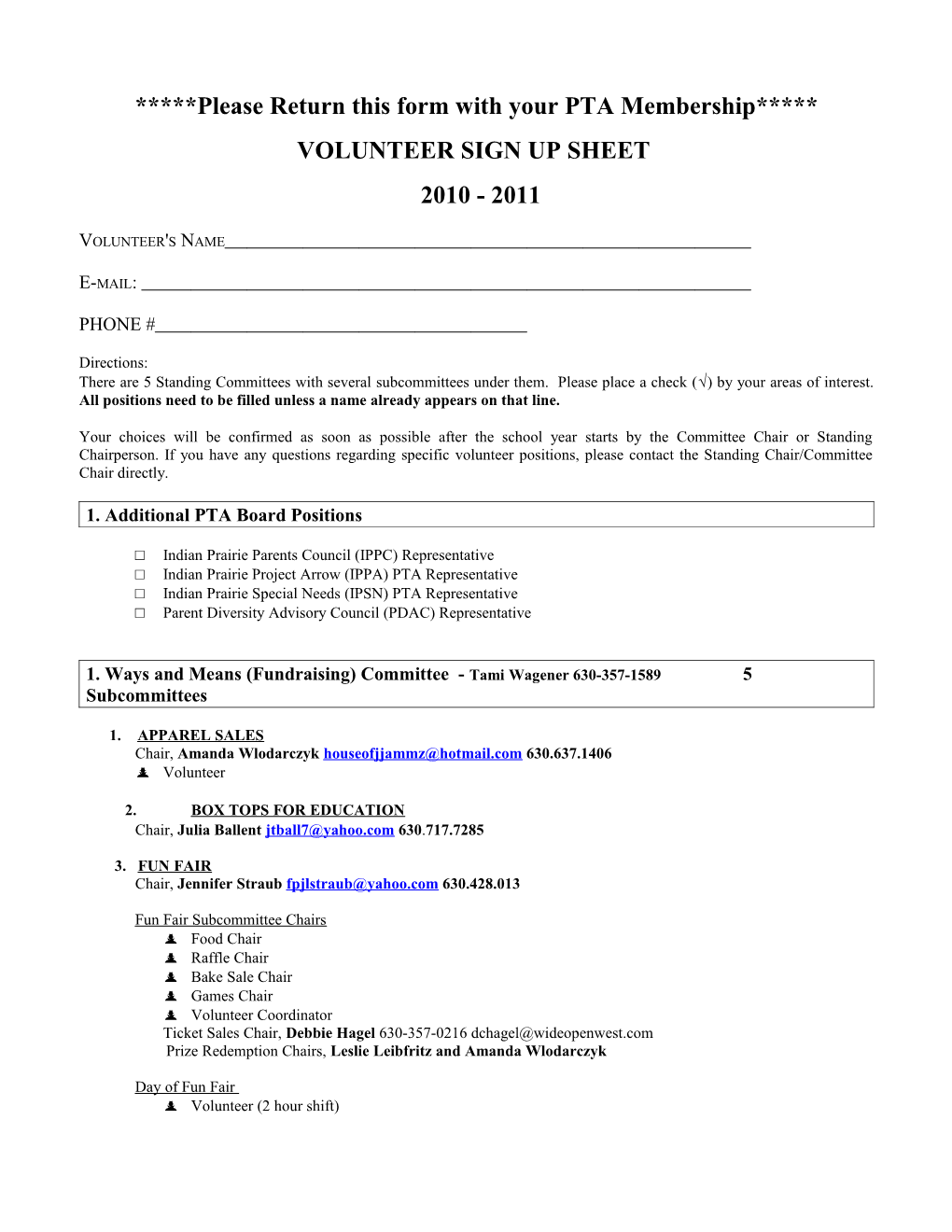 Volunteer Sign up Sheet- 2009 - 2010