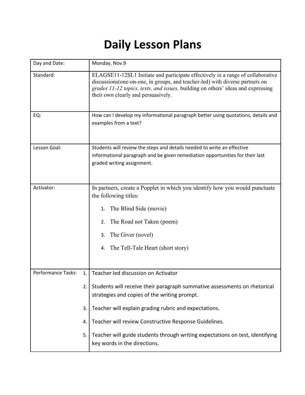 Daily Lesson Plans s4
