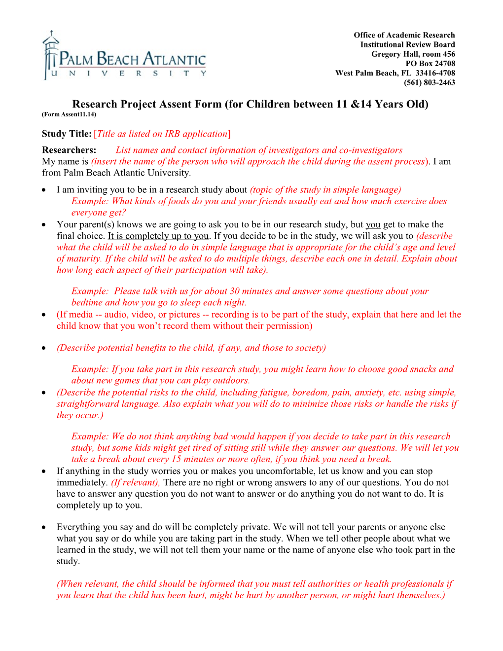 Research Project Assent Form (For Children Between 11 &14 Years Old)