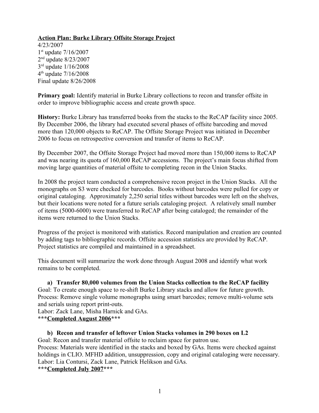 Burke Library Offsite Project Plan of Action