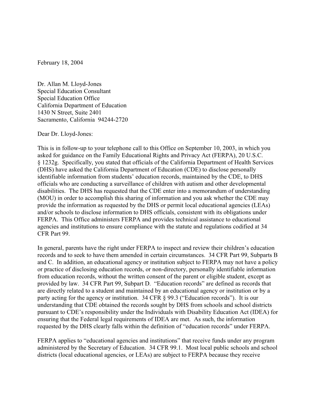 Letter to CA Dept of Education Re Disclosure of Personally Identifiable Information (Msword)