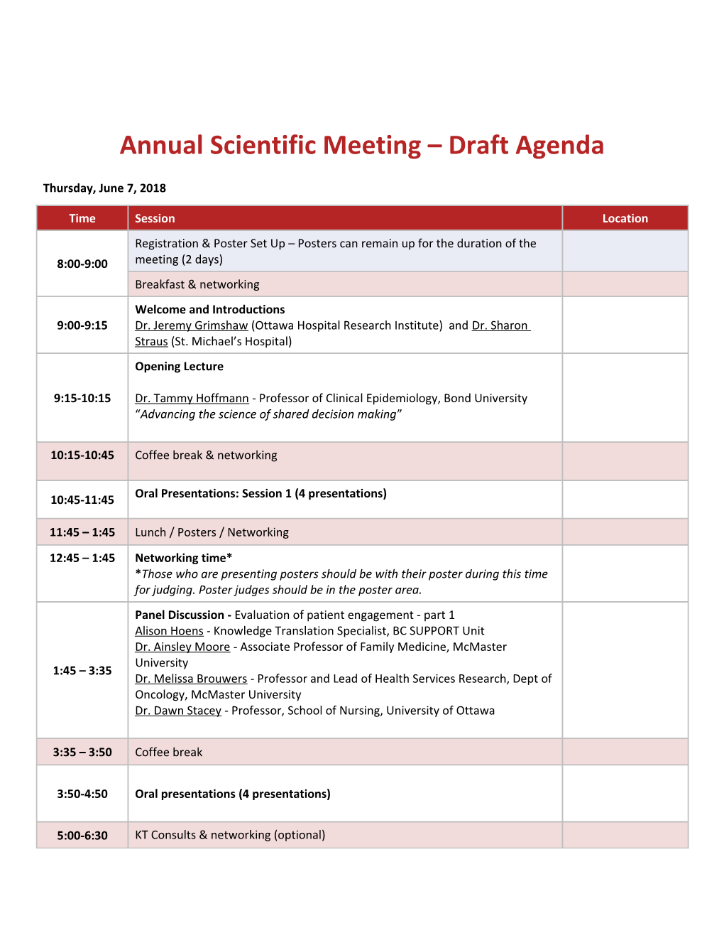 Annual Scientific Meeting Draft Agenda