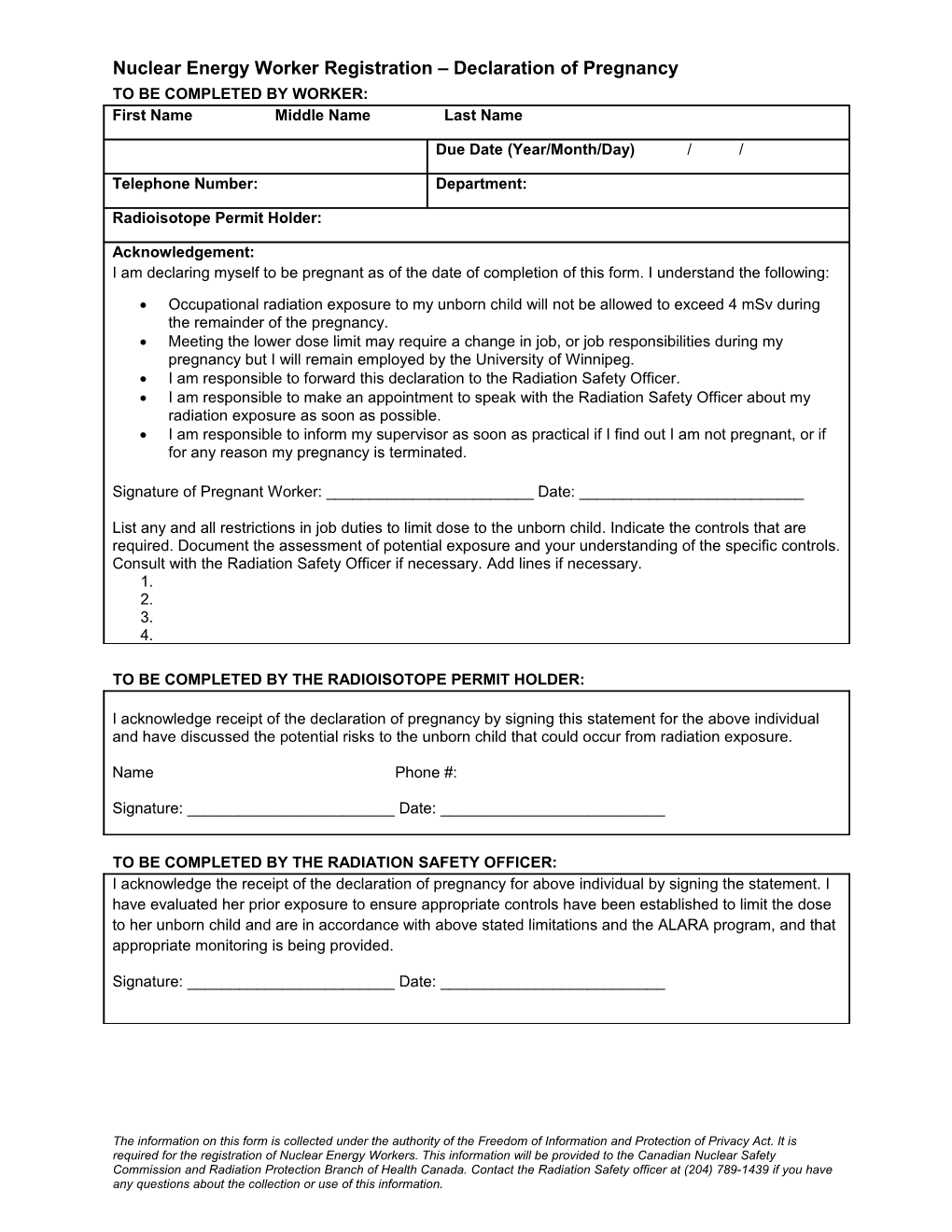 Nuclear Energy Worker Registration Declaration of Pregnancy