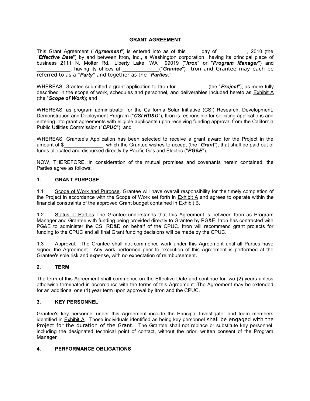 AHC Form GA-1 Sample Grant Agreement