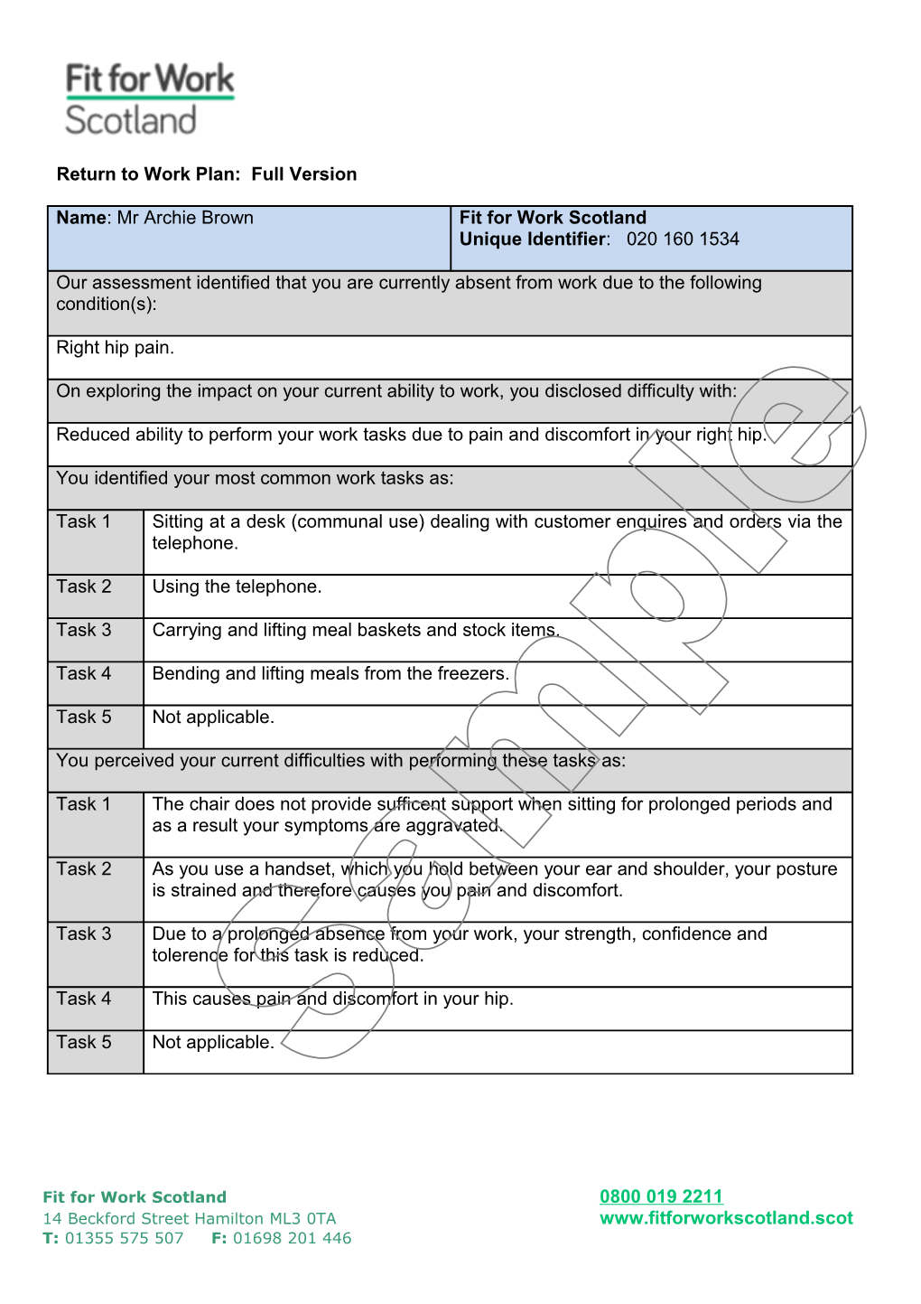 Return to Work Plan: Full Version