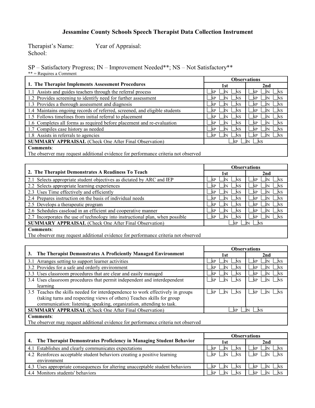 Jessamine County Schools Speech Therapist Data Collection Instrument