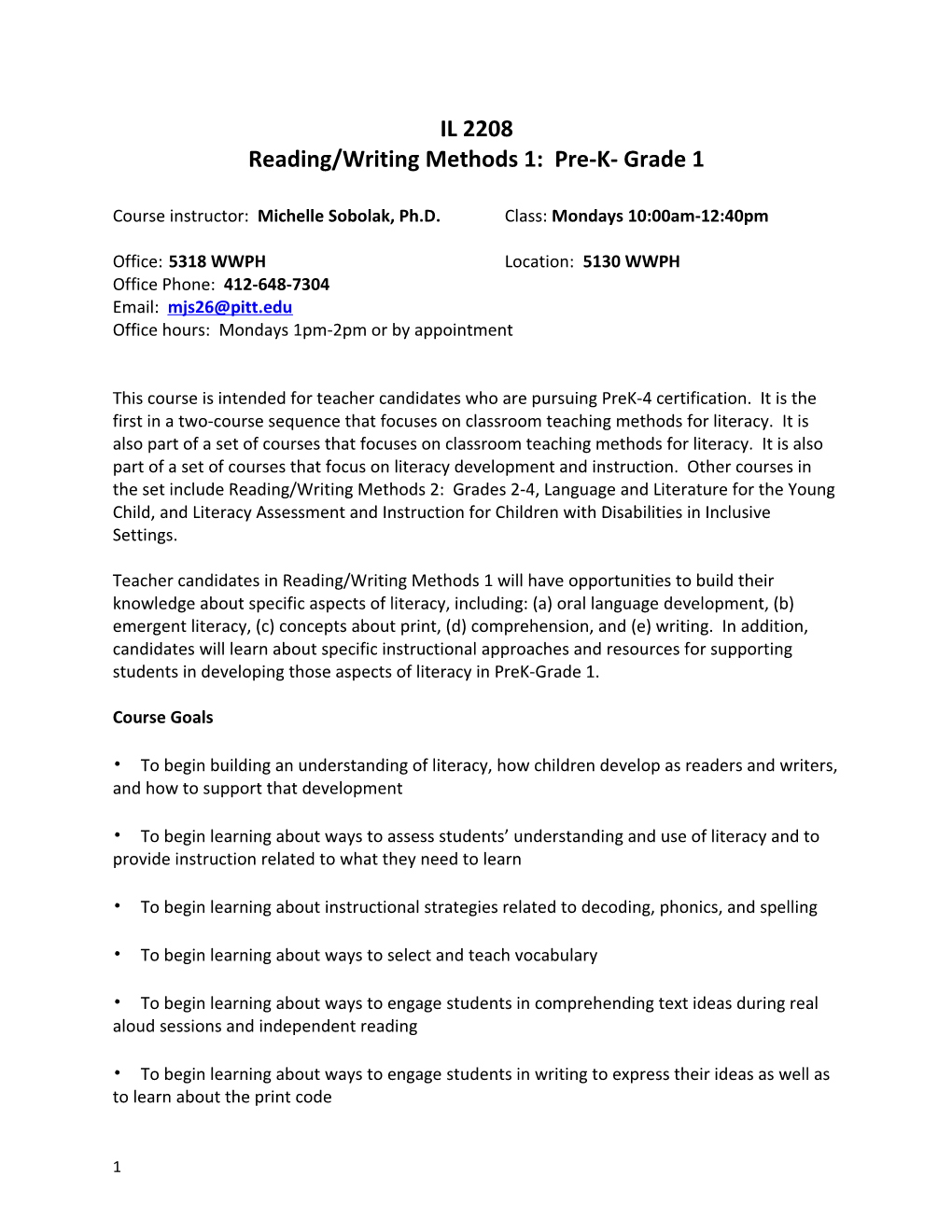 Reading/Writing Methods 1: Pre-K- Grade 1
