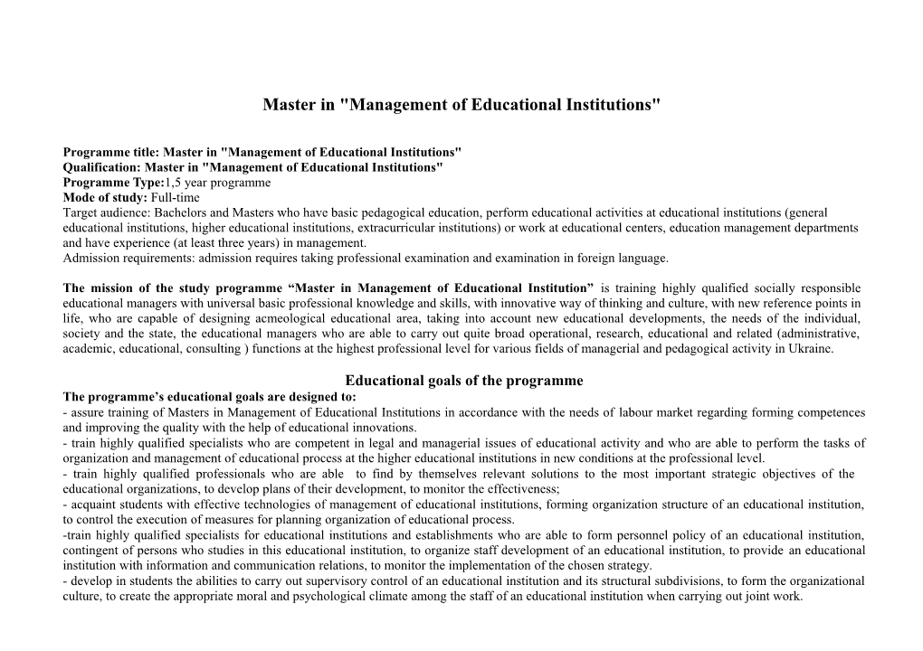 Master in Management of Educational Institutions