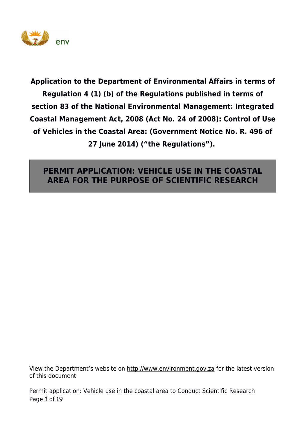 Permit Application: Vehicle Use in the Coastal Area for the Purpose of Scientific Research