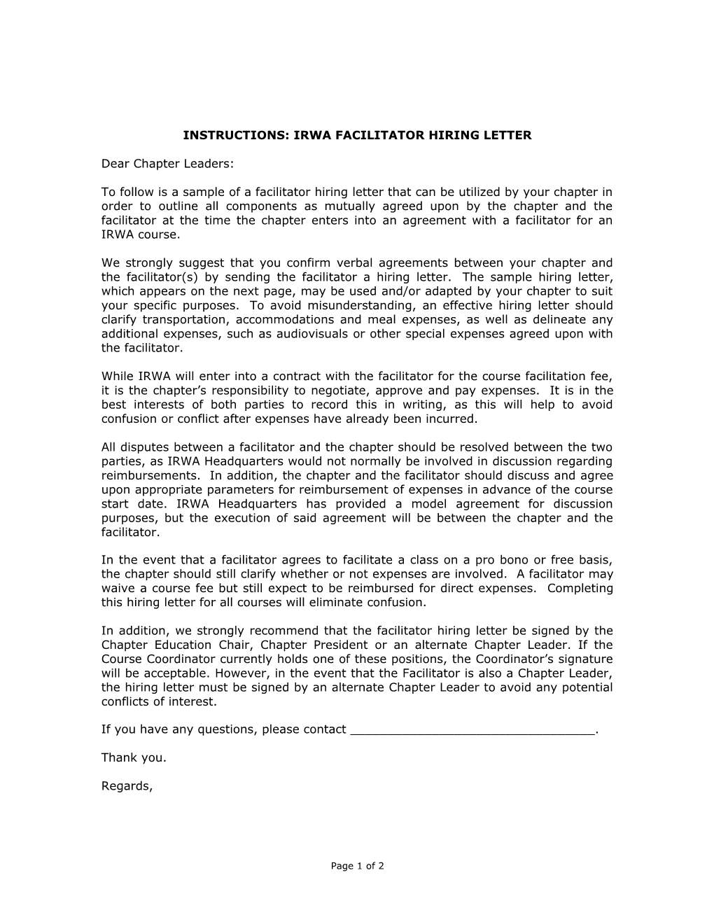 Instructions: Irwa Facilitator Hiring Letter