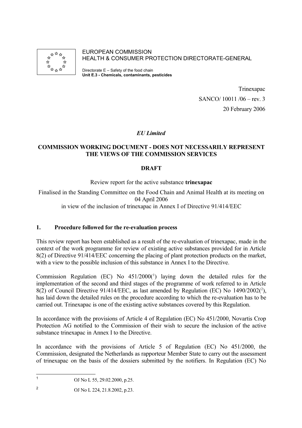 Commission Working Document - Does Not Necessarily Represent the Views of the Commission