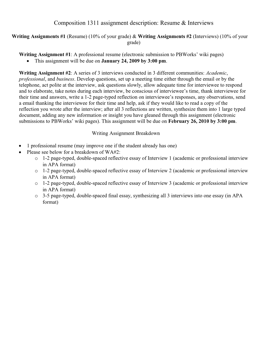 Composition 1311 Assignment Description: Resume & Interviews