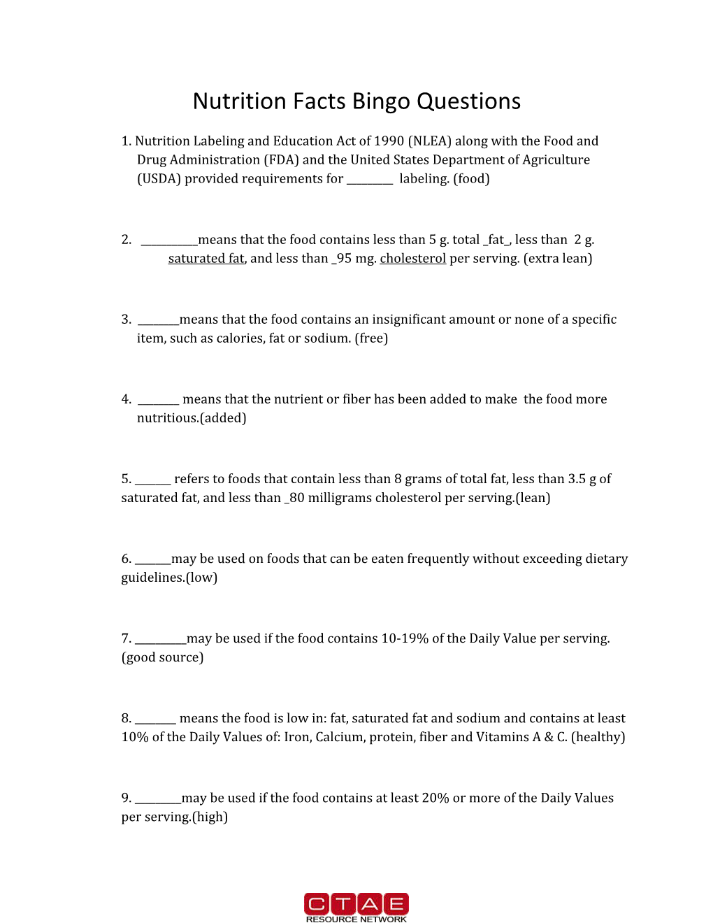 Nutrition Facts Bingo Questions