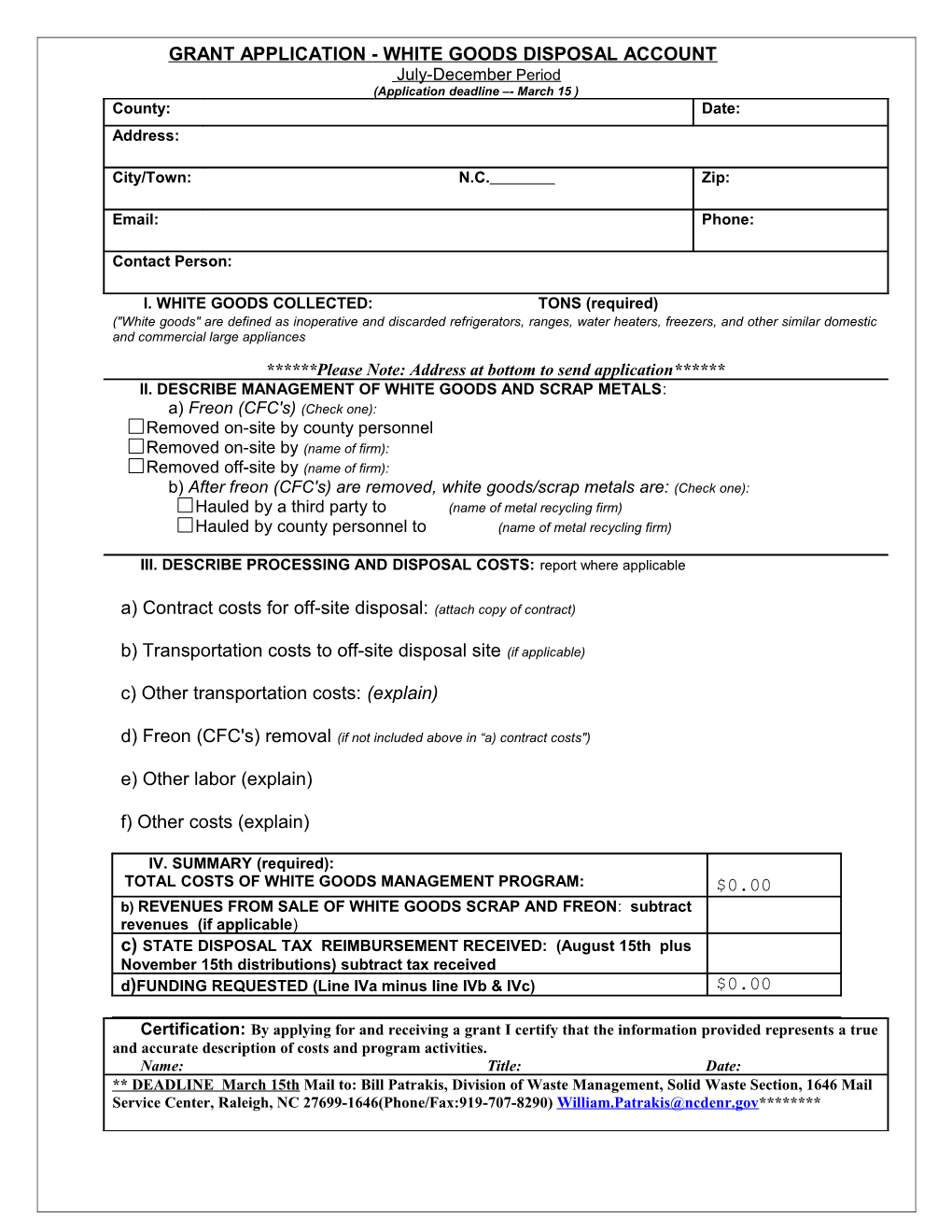 Grant Application - White Goods Disposal Account