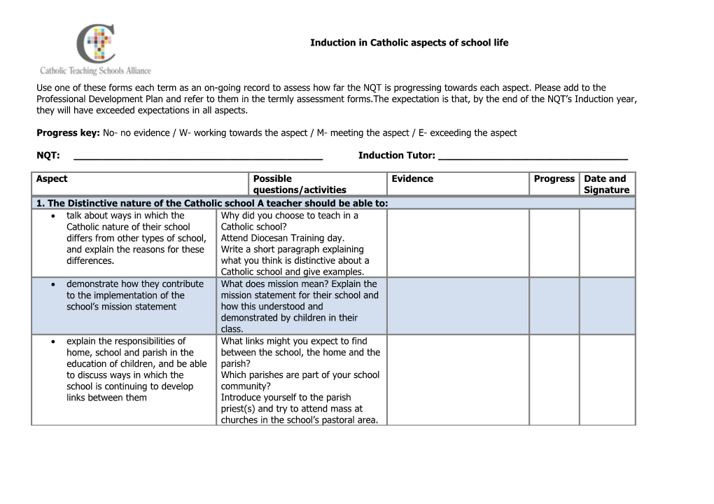 Induction in Catholic Aspects of School Life