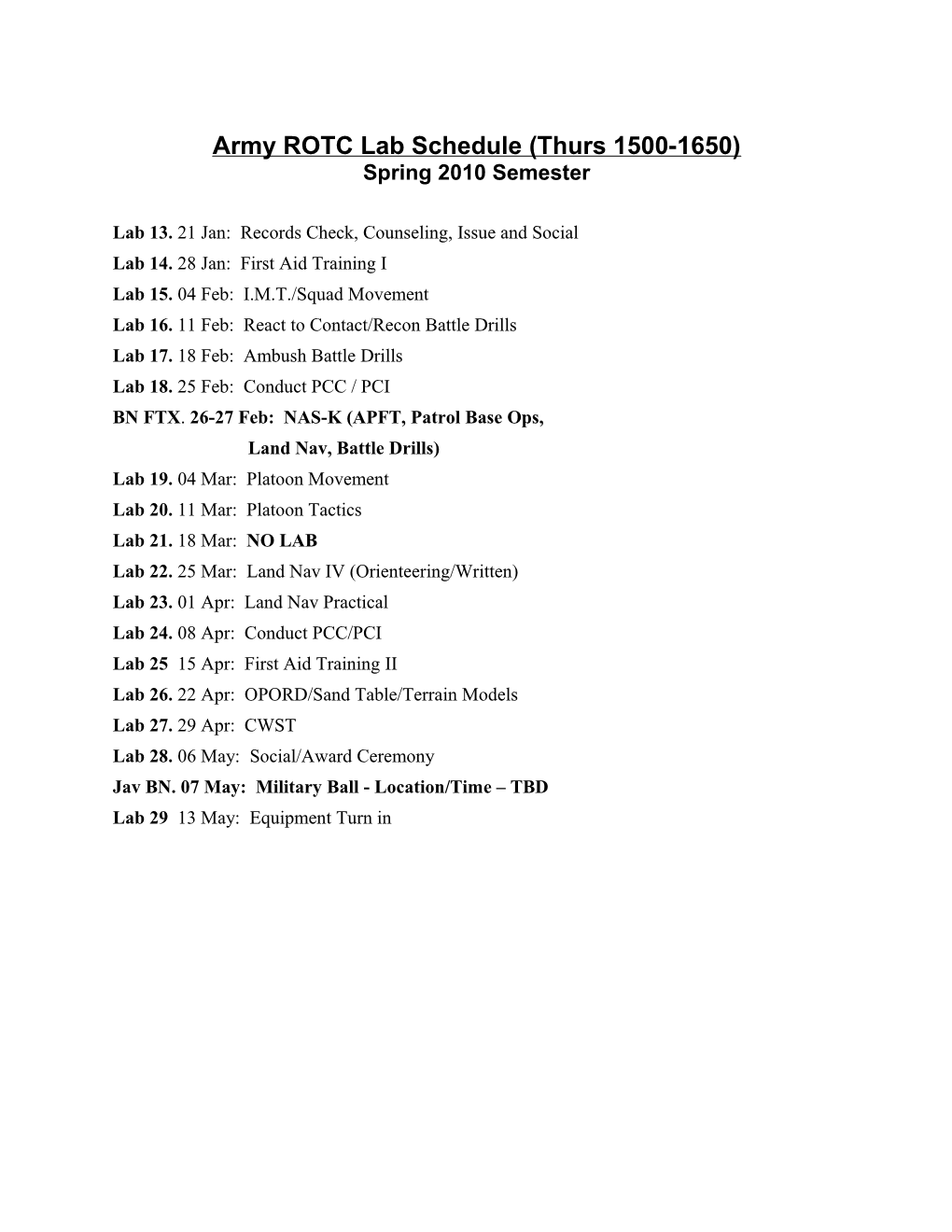 Army ROTC Lab Schedule (Thurs 1500-1650)