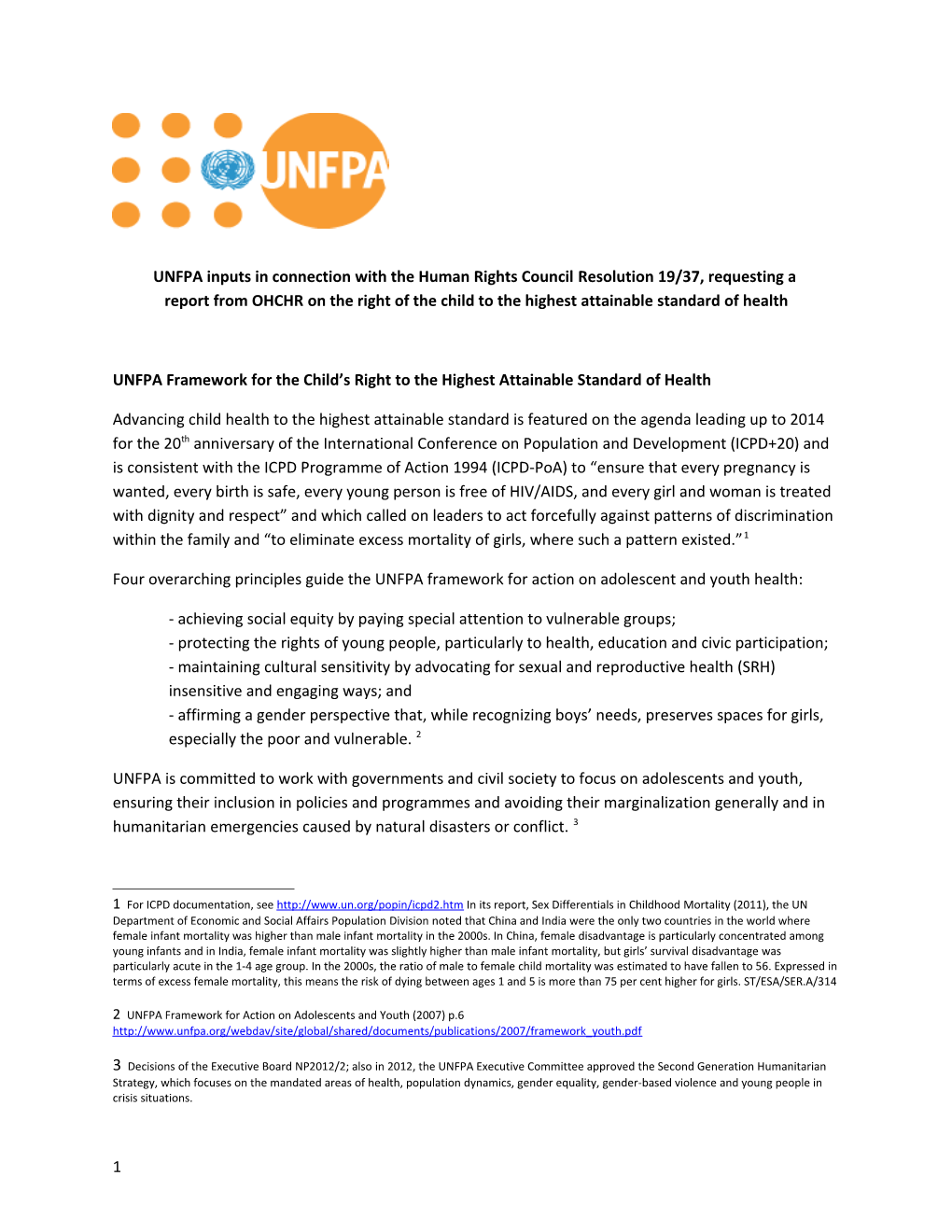 UNFPA Framework for the Child S Right to the Highest Attainable Standard of Health